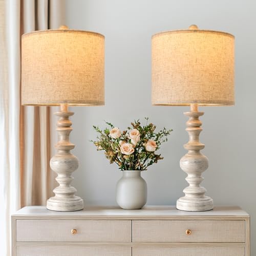 BOBOMOMO 24" Farmhouse Resin Table Lamp Set of 2, Vintage Lamps for Living Room Bedroom with Linen Shades, Traditional Rustic Bedside Lamps Retro Table Lamps for Living Room, Bedroom, Office