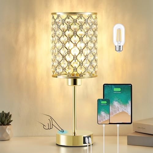 Crystal Table Lamp, Gold Touch Lamp with USB C+A Port, 3-Way Dimmable