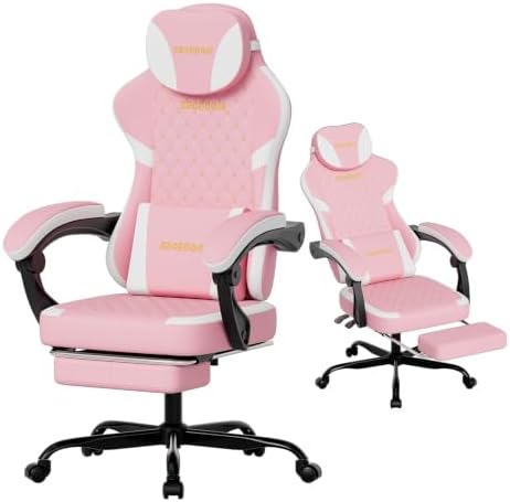 Ergonomic Gaming Chair with Footrest & Massage Lumbar Pillow, Height Adjustable 360° Swivel Computer Chair, Linked Armrest & Headrest for Office Gaming (Pink White)