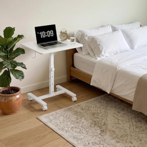 WINAZ Small Portable Rolling Desk Adjustable Height, 24 Inch Mobile Laptop Desk with Wheels for Dorm Room, C-Shaped Table for Sofa and Bed Side, Study Table for Students, White
