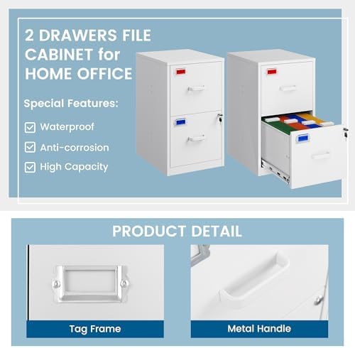 PEUKC 2 Drawer File Cabinet with Lock, 25.4" High Vertical Filing Cabinet, 17.7" Deep Metal Storage Cabinets for Home Office, Letter/Legal/A4/F4 Size, White(Assemble Required)