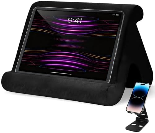 Universal Multi-Angle Tablet Stand Holder-Soft Pad Stand with black phone holder for Lap,Knee,Sofa and Bed,Compatible with iPad Pro 9.7,10.5,12.9 Air Mini 4 3,Kindle,Galaxy Tab,E-Reader (Black)