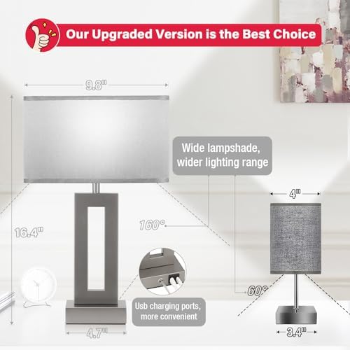 Seealle Bedroom Table Lamps Set of 2 - Grey Touch Bedside Lamps with USB C+A, 3 Way Dimmable Gold Lamp for Nightstand, Modern Night Stands Lamps for Living Room End Tables