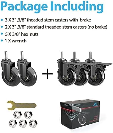 3" Caster Wheels set of 5(3 with Safety Dual Brake,2 without),Heavy Duty Swivel Castors w 3/8"-16UNC Threaded Stem, No Noise Rubber wheels,Safe for HardWwood,Carpet,Fit Chair,Workench,Shelf