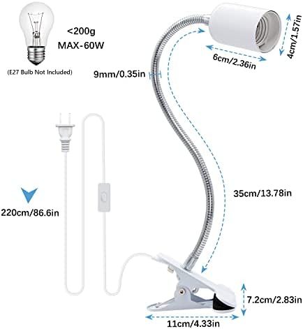 Clip Lamp Holder Adjustable Light Bulb Stand Clamp Lights Flexible Clamp Lamp E26/E27 Neck Clip Lighting Fixture Desk Lamp Holder with On/Off Switch Study Reading Lamp (No Bulb)