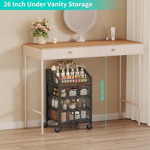 HapiRm Rolling Makeup Organizer Cart- Under Desk Vanity Storage with 3 Drawers, Floor Nail Cart Skincare Organizers Cosmetics Display Cases for Nail Polish Perfume Makeup Brush Hair Tool, Black