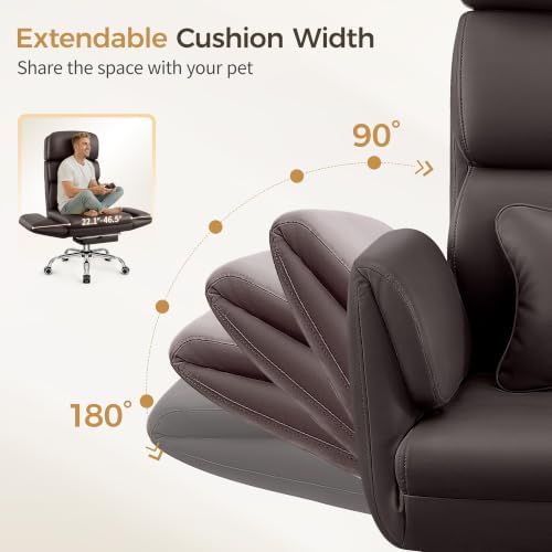 Big and Tall Office Chair 500LBS, Ergonomic High Back Leather Executive Chair, Reclining Swivel with Adjustable Armrests Lumbar Support Footrest, Cross Legged, Coffee