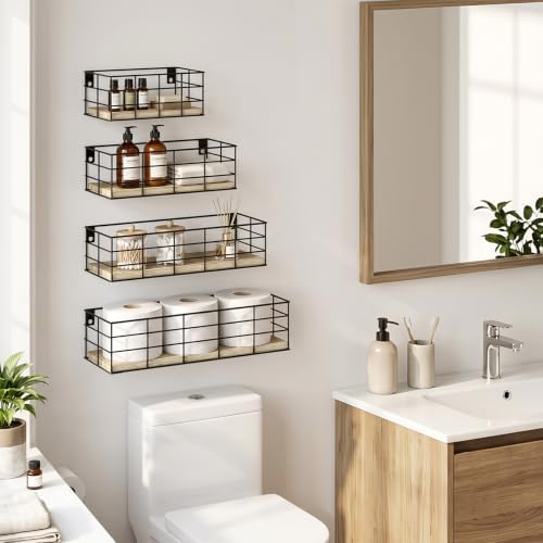 Fixwal Wire Frame Floating Shelves for Wall 4 Different Sizes Light Brown