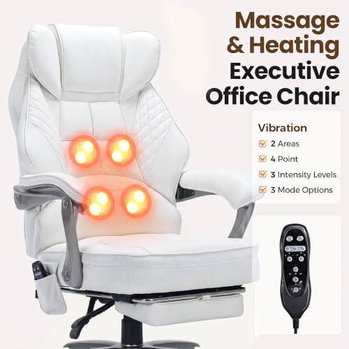 Big and Tall Massage & Heat Office Chair, Ergonomic Gaming Chair, White