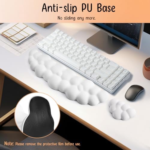Keyboard Wrist Rest Mouse Wrist Support Set, Cloud Keybroad Wrist Rest Pad with Non-Slip PU Base, Memory Foam Wrist Rest for Pain Relief Computer Laptop Gaming Home Office, White