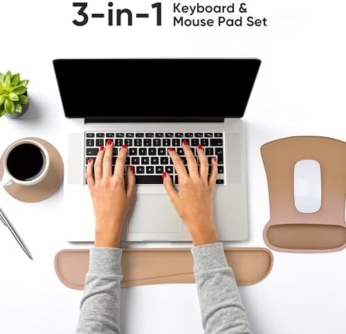 RICHEN Mouse Pad and Keyboard Wrist Rest, 3-in-1 Computer Mousepad and Coaster Set, Non-Slip Keyboard Wrist Rest and Mouse Pad Set Ergonomic Design (Gradient Brown)