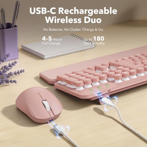 Rechargeable Backlit Wireless Keyboard and Mouse Combo, Retro Typewriter Keyboard with Magnetic Wrist Rest, Light Up Letters, 2.4GHz Cordless Connection for Mac, Windows PC, Laptop (Glowing Pink)