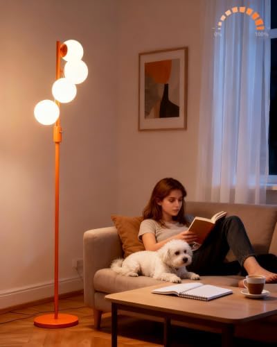 Mid Century Modern 4 Globe Orange Floor Lamp Dimmable Standing Lamp with 3000K Warm White Bulbs Included, Tall Ambient Floor Lamp for Living Room Bedroom Home Office Sofa Beside Corner Decor