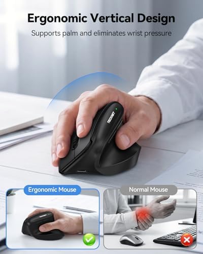 TECKNET Ergonomic Wireless Bluetooth Mouse, Silent Rechargeable Vertical Mouse(BT 5.0/5.0+2.4G), 5-Level 4800 DPI, 200H Long Battery Life, Quiet Clicks, 2.4GHz with USB A Receiver, Wide Compatibility