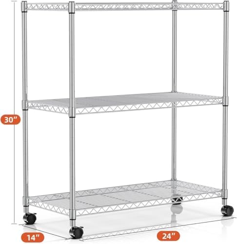 Simple Deluxe Heavy-Duty 3-Tier Rolling Shelving Unit, Adjustable Steel Wire Shelf, 24.02" W x 13.78" D x 29.92" H, 750 lbs Capacity, Chrome Metal Storage Rack for Kitchen
