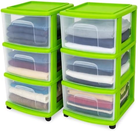 HOMZ Drawer Tower, 3-Tier Storage Cart with Removable Wheels, Lime, 2 Pack