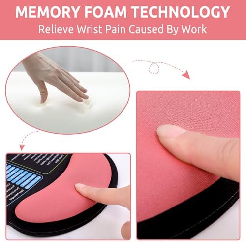 KONVINIT Ergonomic Mouse Pad with Wrist Rest, Small Excel Cheat Sheet Desk Pad with Windows & Office & Excel Shortcuts, Non-Slip Rubber Base Mouse Pads for Desk with Smooth Surface, Black Pink