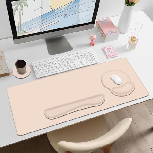 Mouse Pad Desk Pad Protector, Keyboard Wrist Rest + Mouse Pad Wrist Rest +Coaster, Large Gaming Mouse Pad for Computer Keyboard Laptop, XXL Desk Mat Writing Pad for Office and Home, Beige