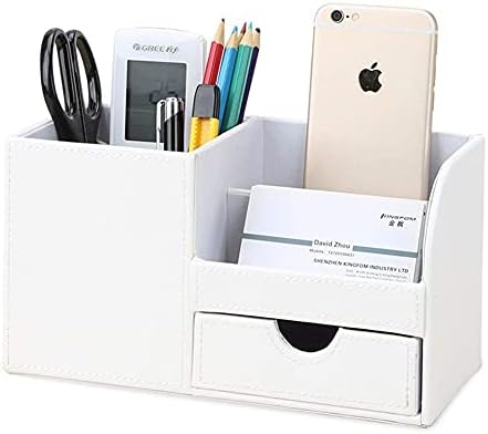 KINGFOM Desk Organizer Office Supplies Caddy Pu Leather Multi-function Storage Box Pen/Pencil,Cell phone, Business Name Cards Remote Control Holder with Small Drawer White