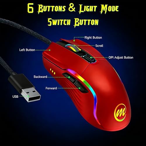memzuoix Wired Gaming Mouse with RGB - 6 Adjustable DPI up to 12800, 6 Buttons, 12 Lighting Modes, Ergonomic Design with Anti-Slip Rubber Wheel, 5.6ft Braided Cable for PC/Mac/Windows - Red