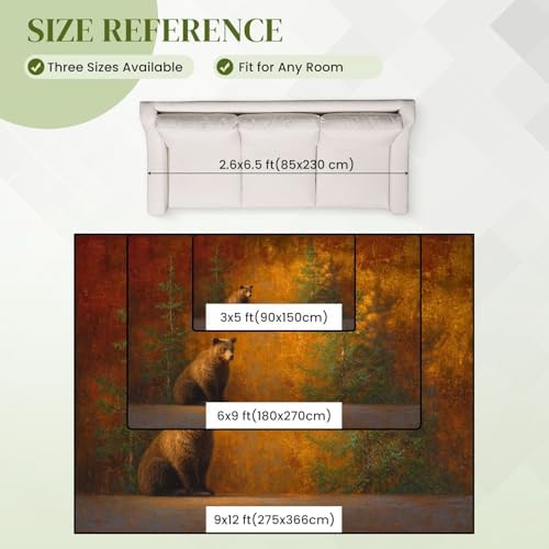 Calming Bear Forest Harmonious Warm Sunset Colors Area Rug Outdoor Patio Rug Play Mat Modern Floor Carpet Non-Slip Home Decor Living Room Kids Bedroom Nursery, 9x12 ft