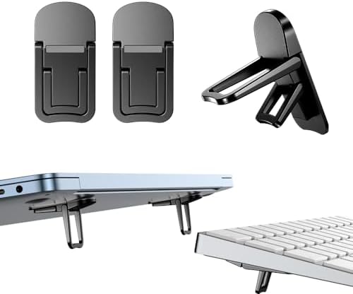 2PCS Zinc Alloy Mini Foldable Laptop Stand, Portable Computer Keyboard Riser with 2 Adjustable Angles, Self-Adhesive Invisible Notebook Stand and Keyboard Lift for Desk (Black)