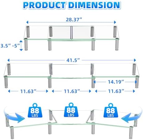 Simple Trending Glass Dual Monitor Stand, Adjustable Length/Height, Clear