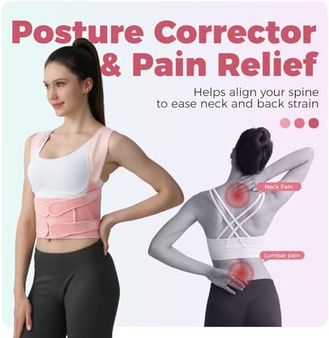Posture Corrector for Women and Men Upgraded Back Brace, Adjustable Back Support for Upper and Lower Back Pain Relief, Shoulder Straightener for Hunchback, Thoracic, Scoliosis, Lumbar, Spine (Pink, S)