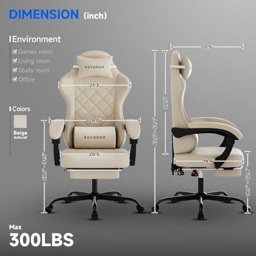 Gaming Chair with Footrest, Ergonomic Leather Computer Chair with Lumbar Support, Height Adjustable High Back Swivel Office Chair for Adults, Gamer Chair for Gaming, Working,Beige