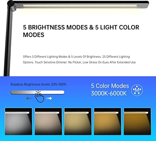 Ambertronix LED Desk Lamp with USB Charging Port, Dimmable Eye-Caring Reading Desk Light for Home, with 5 Brightness Level & 3 Lighting Modes, Touch Control, Auto Timer (Black)