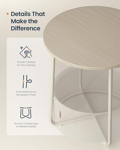 SONGMICS HOME Small Side Table, Round End Table, 2 Tier Nightstand with Basket, U Shaped Steel Legs, Easy Assembly, for Living Room, Bedroom, Beige and White