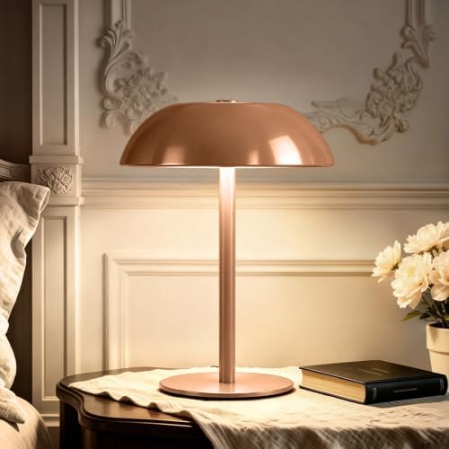 Portable LED Mushroom Table Lamp, 24H Cordless Metal Night Light with Rechargeable Battery, Stepless Dimmable 3 Colors Desk Lamp for Bedroom Bar Coffee Shop(Camel)
