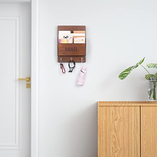 DLQuarts Solid Wood Mail Organizer with Key Holder for Wall, Mail Sorter Wall Mounted, Decorative Wooden Key and Mail Holder with 3 Hooks, Dark Brown