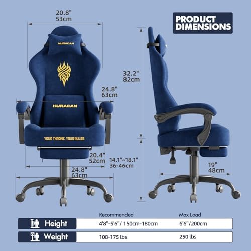 Ferghana Velvet Fabric Gaming Chair - 20.5″ Wider Seat Cushion, Fire Embroidery, Ergonomic High Back Game Chair with Footrest | Computer Chair with Massage Lumbar Support for Adult, Navy