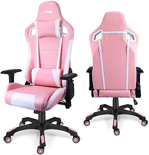 Leopard Gaming Chair, High Back PU Leather Office Chair, Adjustable Video Gaming Chairs, Swivel Racing Chair with Adjustable Armrest (White/Pink)