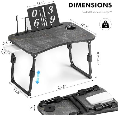 Lap Desk for Bed Adjustable Height, Foldable Bed Table with Storage Drawer, Tablet Slot & Cup Holder, Portable Laptop Stand for Bed & Sofa, Bed Desk for Adults & Kids, Deep Stone Color