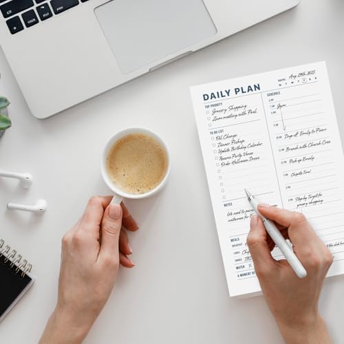 Daily Planner Notepad, 5.5 x 8.5" Tear-Off Pad – 70 Undated Sheets Focus-Enhancing Desktop Organizer with Hourly Schedule, To-Do List for Work, School (White, Minimalist, 1 Pack)