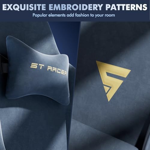 Soontrans Grey Velvet Gaming Chair with Footrest, Ergonomic Reclining Computer Desk Chair, Massage Lumbar Cushion & Headrest, Comfortable Video Game Chair for Adults