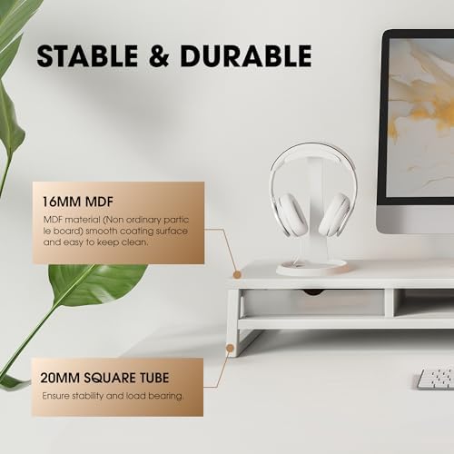 Fenge Dual Monitor Stand Riser, 42.5in Desk Shelf with 2 Drawers, White