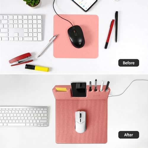 Mouse Pad with Phone Holder & Pen Holders, Wireless Charging Desk Mat, Mousepad Home Office Desk Pad with Ultra-Smooth Surface, Non-Slip Base, Waterproof Keyboard Pad, Classic Pink Desk Mat