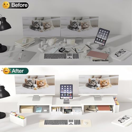 OPNICE Desk Organizer and Accessories, Computer Monitor Stand Riser with Drawer and 2 Pen Holders, Laptop Stand, Office Desk Accessories for Office Supplies, White
