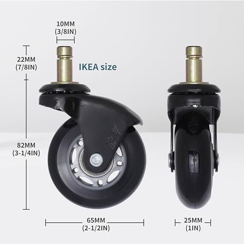 IKEA Chair Caster Wheels Replacement, 10mm Stem, 2.5 Inch Rollerblade Casters with Gap-Free Bracket for Safe Barefoot Rolling, Quiet & Floor-Safe, Pack of 5 (Black, Grey/Black)