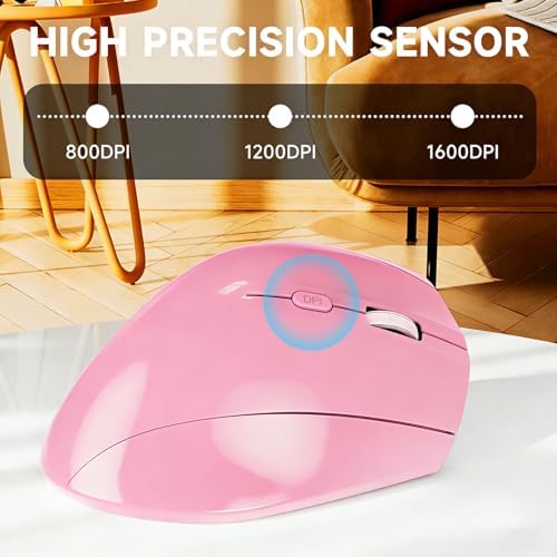 memzuoix Ergonomic Wireless Mouse, 2.4G Optical Cordless, 800/1200/1600 DPI, Vertical Computer Mouse for Laptop, Mac, PC, Desktop (Right Hand, Large) - Pink