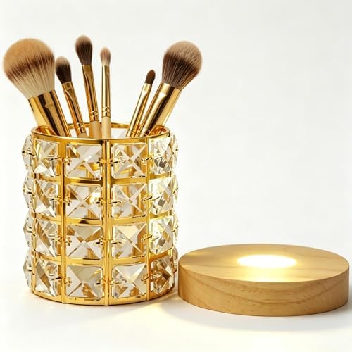 5-in-1 LED Crystal Night Light Wooden Base Makeup Brush Holder Pen Cup