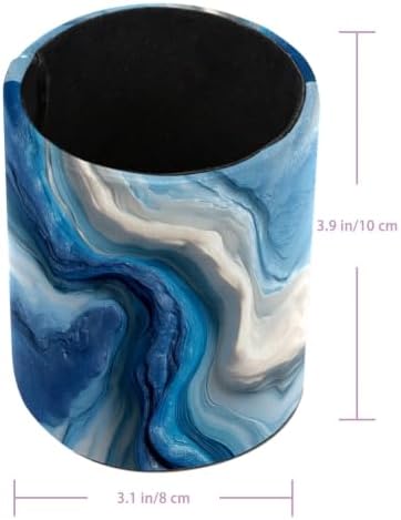 Leather Pen Holder for Desk, Blue and White Texture Pencil Cup Pen Organizer Makeup Brush Holder for Office Home Kids Countertop Desk Accessory Storage