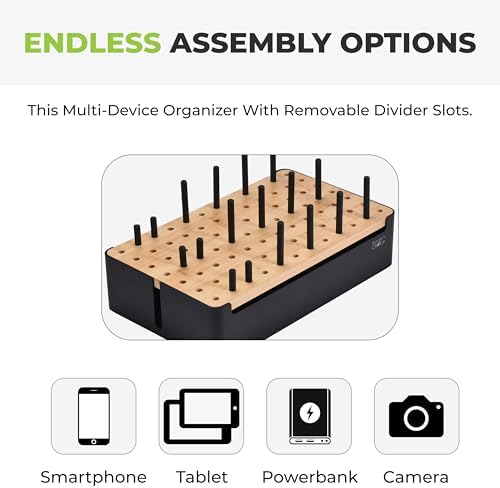 Prosumer's Choice Bamboo Charging Station for Multiple Devices - Wood Device Dock, Organizer Suitable Apple & Android Cell Phone, Tablet, iPad Cables Not Included, Metal & Bamboo Black