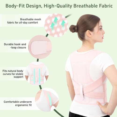 Posture Corrector Back Brace for Men and Women, Adjustable Upper Back and Shoulder Support, Lightweight Breathable Design for Daily Wear, Office Work, Computer Use and Studying Pink, Medium