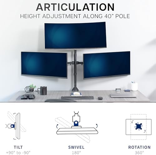 VIVO Premium Triple Ultra Wide LCD LED 27 to 38 inch Monitor Desk Mount, Heavy Duty C-clamp, Extra Tall Pole, Adjustable Telescoping Arms, Flush Wall Setup, Fits 3 Screens, Black, STAND-TS3CT