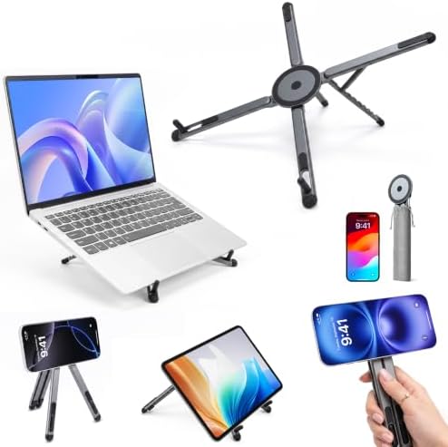 4-in-1 Foldable Magnetic Device Stand, Adjustable Aluminum Laptop Riser with Built-in Phone Holder, Portable Desktop Notebook Mount Compatible with 10-16"Laptops, 4-13" Phones & Tablets, Silver Gray