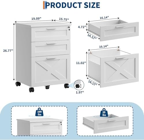 Garvee 3-Drawer Mobile File Cabinet with Lock, Under Desk Storage Drawer